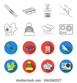 Mittens, warm hat, ski piste, motion camera. Ski resort set collection icons in outline,flet style vector symbol stock illustration web.