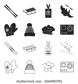 Mittens, warm hat, ski piste, motion camera. Ski resort set collection icons in black,outline style vector symbol stock illustration web.