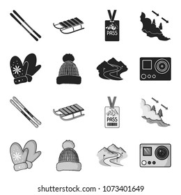 Mittens, warm hat, ski piste, motion camera. Ski resort set collection icons in black,monochrome style vector symbol stock illustration web.