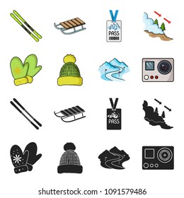 Mittens, warm hat, ski piste, motion camera. Ski resort set collection icons in black,cartoon style vector symbol stock illustration web.