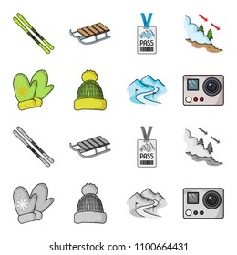 Mittens, warm hat, ski piste, motion camera. Ski resort set collection icons in cartoon,monochrome style vector symbol stock illustration web.