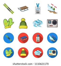 Mittens, warm hat, ski piste, motion camera. Ski resort set collection icons in cartoon,flat style vector symbol stock illustration web.