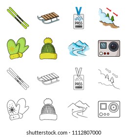 Mittens, warm hat, ski piste, motion camera. Ski resort set collection icons in cartoon,outline style vector symbol stock illustration web.