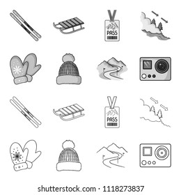 Mittens, warm hat, ski piste, motion camera. Ski resort set collection icons in outline,monochrome style vector symbol stock illustration web.