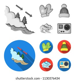 Mittens, warm hat, ski piste, motion camera. Ski resort set collection icons in monochrome,flat style vector symbol stock illustration web.