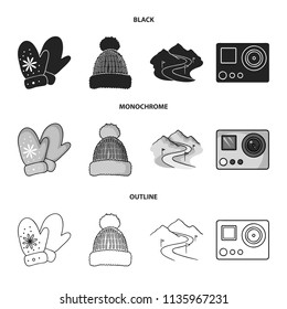 Mittens, warm hat, ski piste, motion camera. Ski resort set collection icons in black,monochrome,outline style vector symbol stock illustration web.