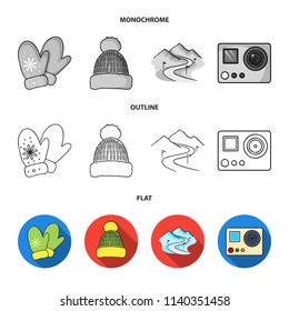 Mittens, warm hat, ski piste, motion camera. Ski resort set collection icons in flat,outline,monochrome style vector symbol stock illustration web.