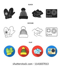 Mittens, warm hat, ski piste, motion camera. Ski resort set collection icons in black,flat,outline style vector symbol stock illustration web.