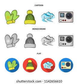 Mittens, warm hat, ski piste, motion camera. Ski resort set collection icons in cartoon,flat,monochrome style vector symbol stock illustration web.