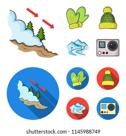 Mittens, warm hat, ski piste, motion camera. Ski resort set collection icons in cartoon,flat style vector symbol stock illustration web.