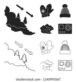 Mittens, warm hat, ski piste, motion camera. Ski resort set collection icons in black,outline style vector symbol stock illustration web.