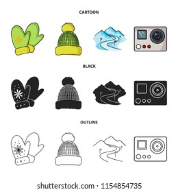 Mittens, warm hat, ski piste, motion camera. Ski resort set collection icons in cartoon,black,outline style vector symbol stock illustration web.