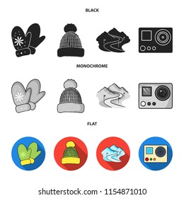 Mittens, warm hat, ski piste, motion camera. Ski resort set collection icons in black, flat, monochrome style vector symbol stock illustration web.