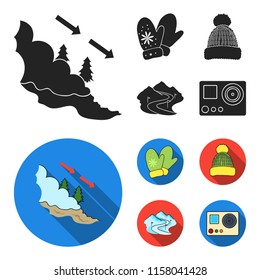 Mittens, warm hat, ski piste, motion camera. Ski resort set collection icons in black,flat style vector symbol stock illustration web.