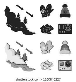 Mittens, warm hat, ski piste, motion camera. Ski resort set collection icons in black,monochrome style vector symbol stock illustration web.