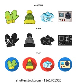 Mittens, warm hat, ski piste, motion camera. Ski resort set collection icons in cartoon,black,flat style vector symbol stock illustration web.