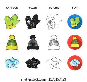 Mittens, warm hat, ski piste, motion camera. Ski resort set collection icons in cartoon,black,outline,flat style vector symbol stock illustration web.