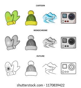 Mittens, warm hat, ski piste, motion camera. Ski resort set collection icons in cartoon,outline,monochrome style vector symbol stock illustration web.