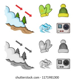 Mittens, warm hat, ski piste, motion camera. Ski resort set collection icons in cartoon,monochrome style vector symbol stock illustration web.