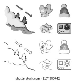 Mittens, warm hat, ski piste, motion camera. Ski resort set collection icons in outline,monochrome style vector symbol stock illustration web.