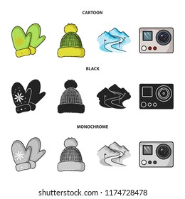 Mittens, warm hat, ski piste, motion camera. Ski resort set collection icons in cartoon,black,monochrome style vector symbol stock illustration web.