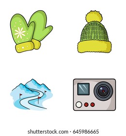 Mittens, warm hat, ski piste, motion camera. Ski resort set collection icons in cartoon style vector symbol stock illustration web.