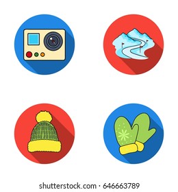 Mittens, warm hat, ski piste, motion camera. Ski resort set collection icons in flat style vector symbol stock illustration web.