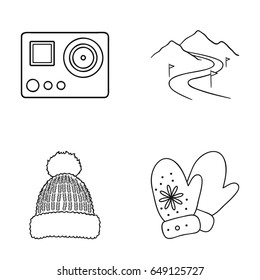 Mittens, warm hat, ski piste, motion camera. Ski resort set collection icons in outline style vector symbol stock illustration web.