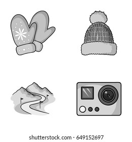 Mittens, warm hat, ski piste, motion camera. Ski resort set collection icons in monochrome style vector symbol stock illustration web.