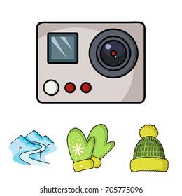 Mittens, warm hat, ski piste, motion camera. Ski resort set collection icons in cartoon style vector symbol stock illustration web.