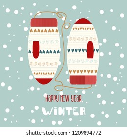 Mittens. A warm Winter. Hand Drawn Decoration Card. Vector illustration. Vintage design greeting card, poster, flyer. Holidays New Year.