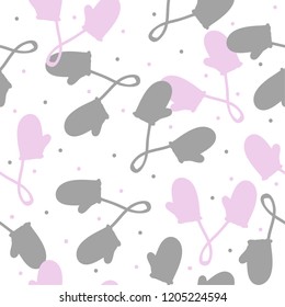 Mittens. White background, lilac, pink and gray mittens. Christmas. Good for packaging, printing, textiles. Simple seamless pattern.