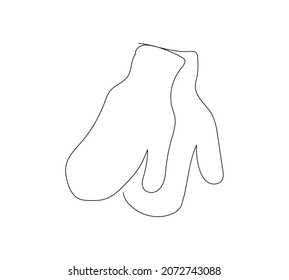 Mittens, winter accessory, cold protection one line art. Continuous line drawing of new year holidays, christmas, traditional, decor, winter, snow, dress, clothes.