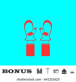 Mittens winter icon flat. Red pictogram on blue background. Vector illustration symbol and bonus buttons Music center, corkscrew, credit card, house, drum