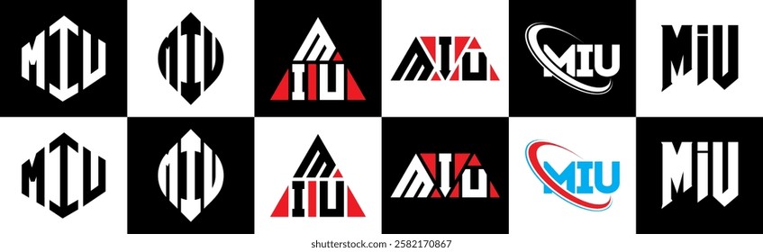 MIU letter logo design in six style. MIU polygon, circle, triangle, hexagon, flat and simple style with black and white color variation letter logo set in one artboard. MIU minimalist and classic logo