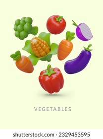 Mix of 3D colored vegetables. Natural vegetarian ingredients. Poster with floating images. Concept for grocery store, greengrocery, summer market. Advertising in cartoon style