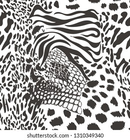 Mix animal skin. Prints, Leopard, Snake, Zebra,Tiger, crocodile. Safari africa seamless pattern, vector design for fashion, fabric and all prints on white background