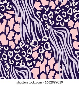 Mix animal skin prints. Leopard, tiger, giraffe and zebra seamless pattern. Textile and fabric fashion design.