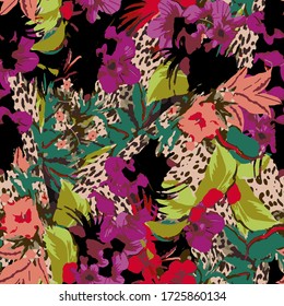 Mix animal skin prints ,Leopard, snake, zebra, tiger safari africa seamless pattern vector design for fashion,fabric and all prints background. Abstract printing children's on textiles,clothes, girls.