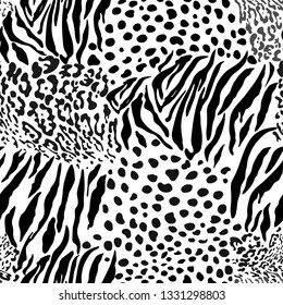 Mix animal skin prints, tiger, leopard, jaguar seamless pattern vector design.