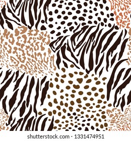 Mix animal skin prints, tiger, leopard, jaguar seamless pattern. Vector design