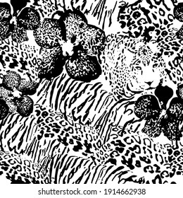 Mix animal skin prints, tiger, leopard, jaguar seamless pattern vector design. Flower and animal skin merges. Dotted texture. Orchids and predators.