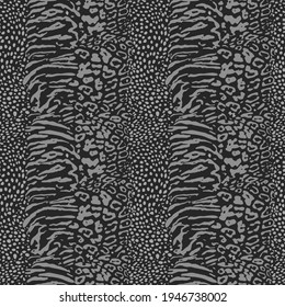 Mix animal skin prints, tiger, leopard, jaguar seamless pattern vector design. Dotted texture. Black and white, vertical stripes contrast spots. Gray.