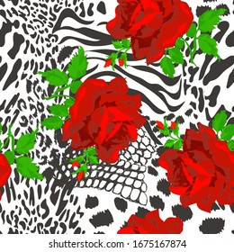 Mix animal skin and red roses. Prints, Leopard, Snake, Zebra,Tiger, crocodile. Safari africa seamless pattern, vector design for fashion, fabric and all prints on white background. Vector