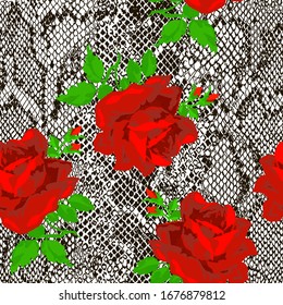 Mix animal skin and red roses. Prints Snake. Safari africa seamless pattern, vector design for fashion, fabric and all prints on white background. Vector