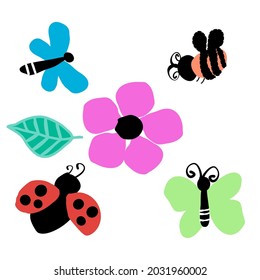 Mix assorted insects garden animals, ladybird, butterfly, bee, dragonfly and flower in white background