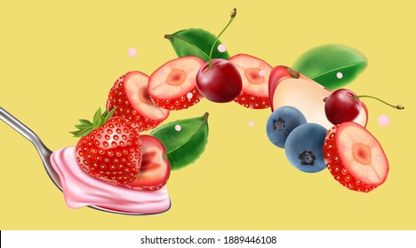 Mix berries flying with strawberries slice of pieces and packaging mock up element in the middle on solid color background. Realistic vector in 3D illustration.