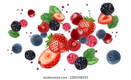 Mix berries fruit falling of Tropical fruits isolated on white background. Vector in 3D illustrations.