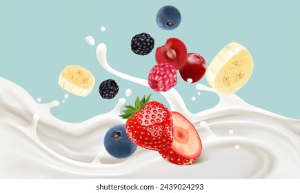 Mezcla bayas de frutas salpicaduras de frutas tropicales aisladas sobre fondo blanco. Vector en ilustraciones 3D.