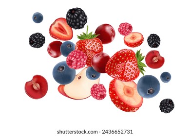 Mix berries fruits flying of Tropical fruits isolated on white background. Vector in 3D illustrations. Food concepts.